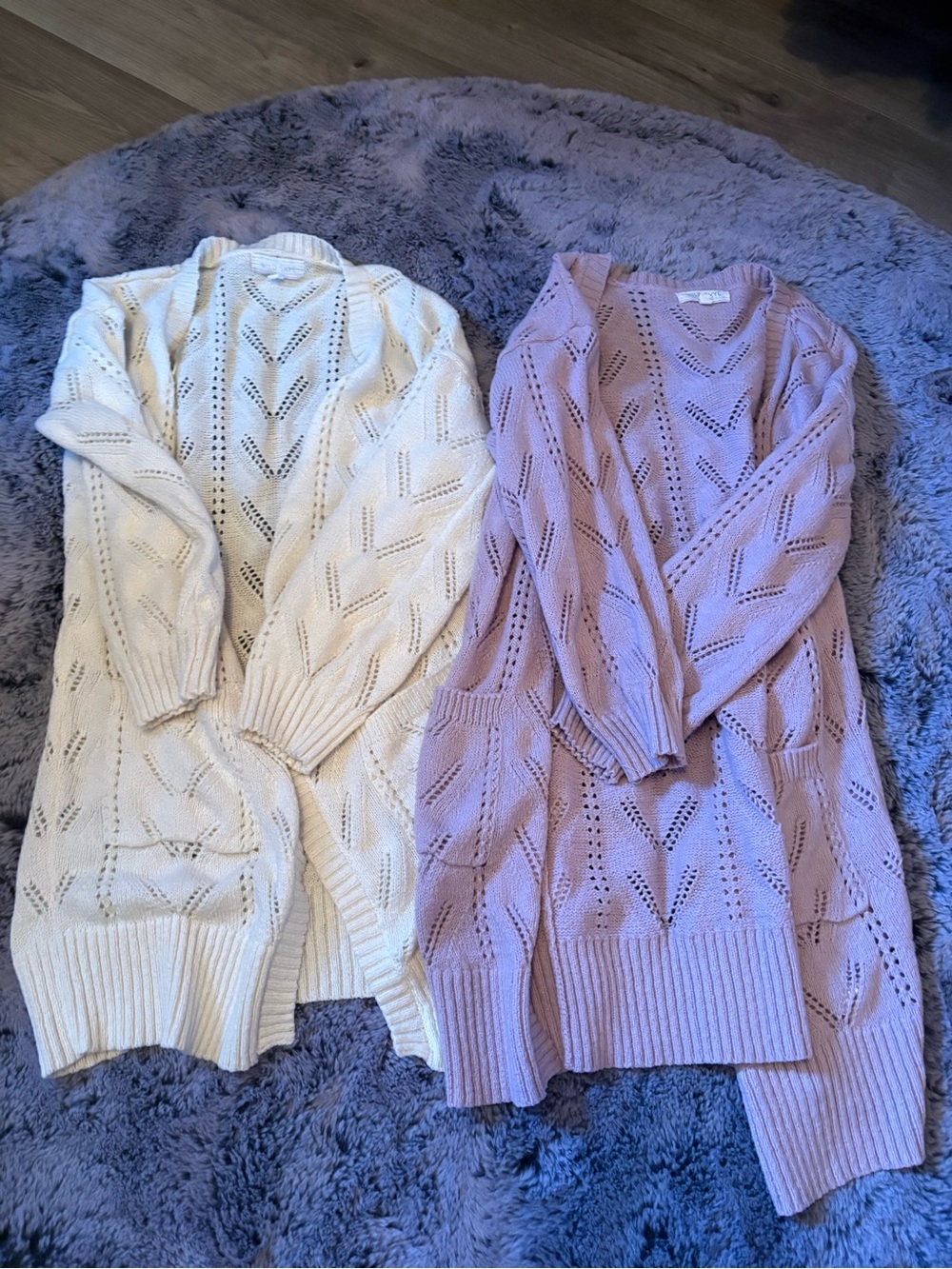 Open-Front Pointelle Knit Cardigan in Cream and Light Mauve